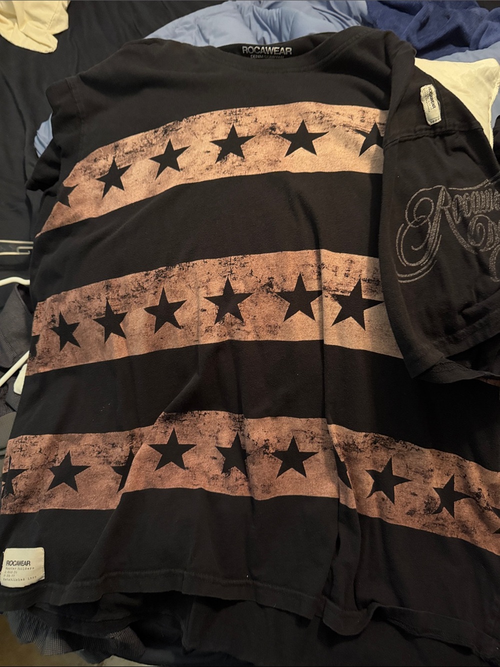Rocawear Black Tee with Distressed Brown Star Stripes
